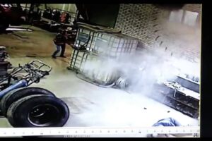 Mechanic Thrown in Air as Overinflated Truck Tire EXPLODES!
