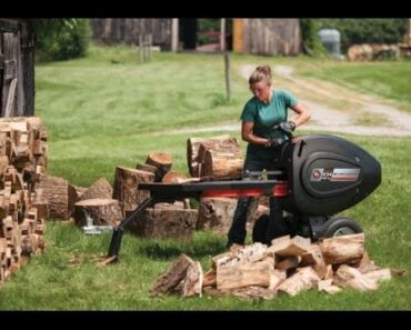 Girls and Log Splitter, Chainsaw, Circular Saw. New Technologies Chopping Wood