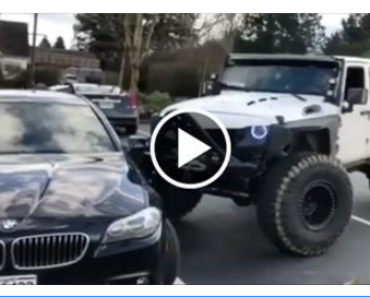 Angry Jeep Owner Pushes Double Parked BMW into One Spot!
